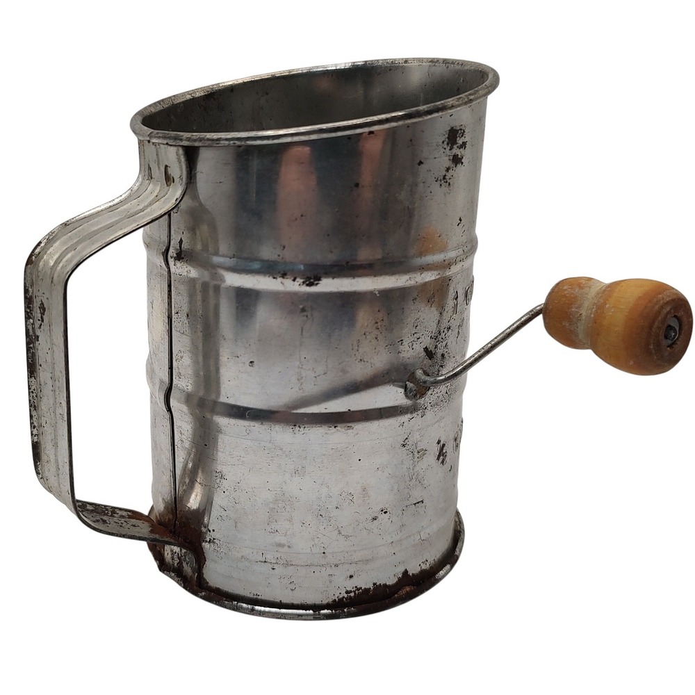 Vintage Metal One Cup Flour Sifter Wood Knob Country Kitchen Farm Living SEE